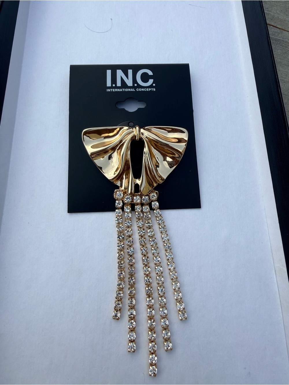 INC International Concepts Gold Tone Bow Brooch with Clear Crystal Tassels
